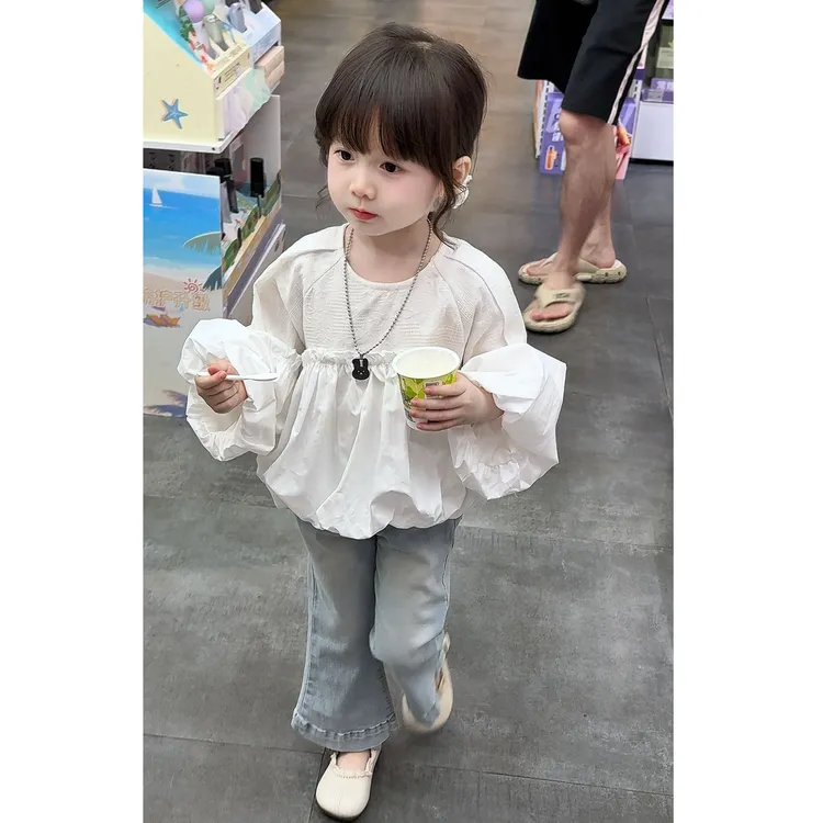 儿童韩系衬衫2025新款中小童网红女宝宝洋气上衣休闲牛仔裤两件套