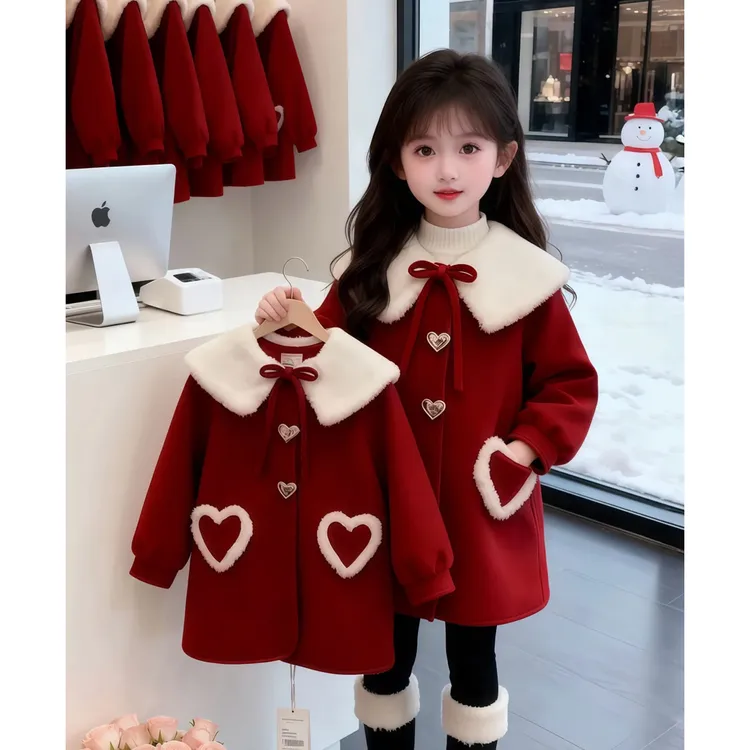 女童外套冬装2025新款儿童加绒加厚呢子大衣拜年服女大童冬季上衣