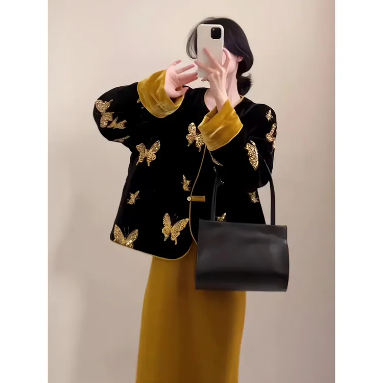 2024冬季新款新中式重工刺绣蝴蝶外套女国风黑色保暖棉衣棉服上衣