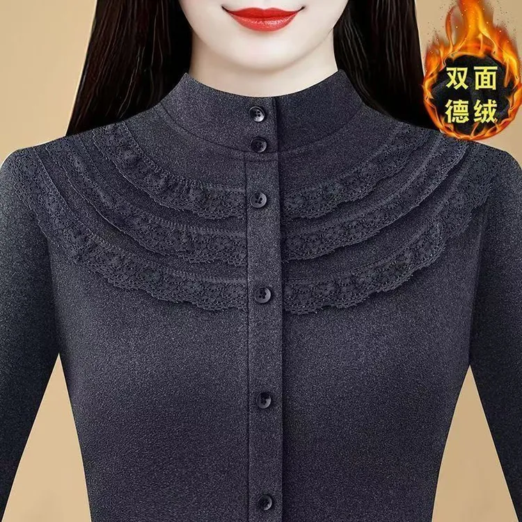 双面德绒打底衫女士长袖春秋冬新款妈妈半高领小衫减龄洋气质上衣