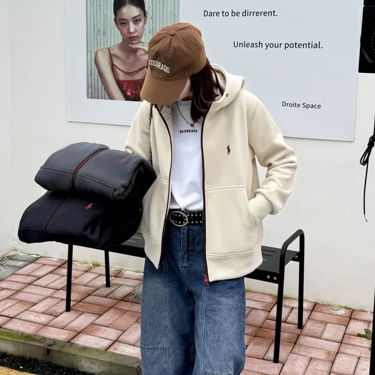 秋冬加绒拉链帽衫卫衣奥粒绒刺绣撞色舒适休闲百搭341