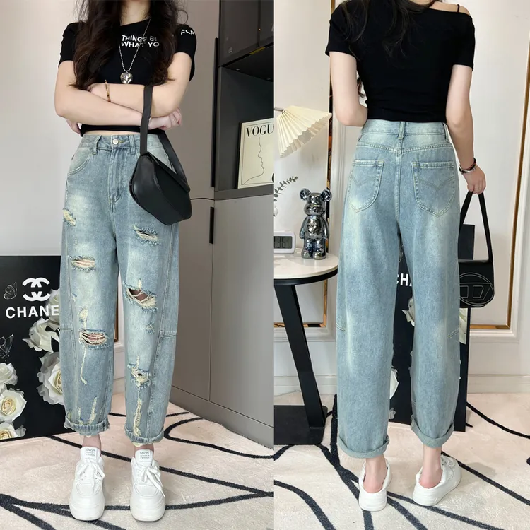 朵品夏季破洞牛仔裤女2025新款小个子弯刀宽松哈伦老爹裤胖mm裤子