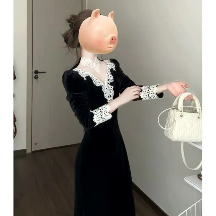 韩系气质女装高级感蕾丝鱼尾丝绒连衣裙秋季御姐穿搭赫本风长裙子