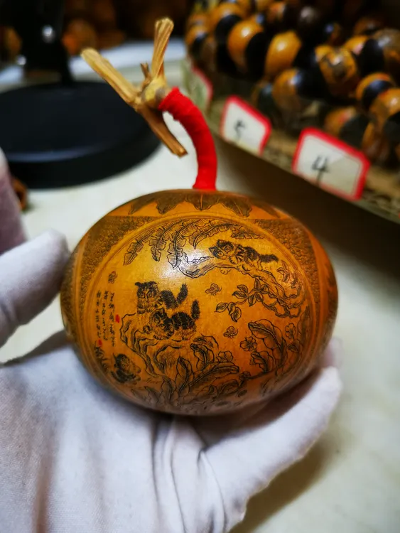 雅青阁葫芦手工针刺微雕墨刻苹果葫芦十八只猫文玩把玩葫芦