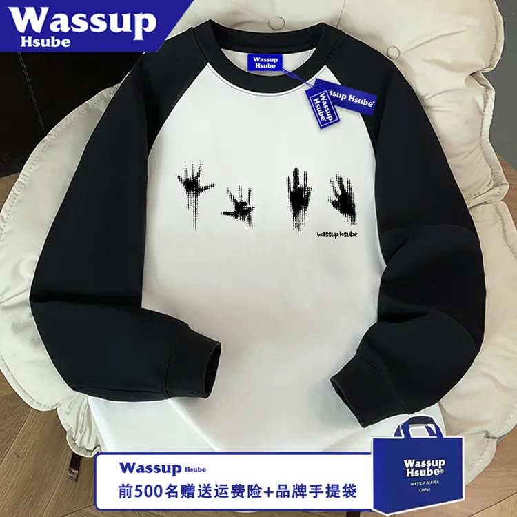 WASSUP HSUBE百搭休闲圆领潮流印花秋冬宽松惊悚手掌长袖情侣上衣