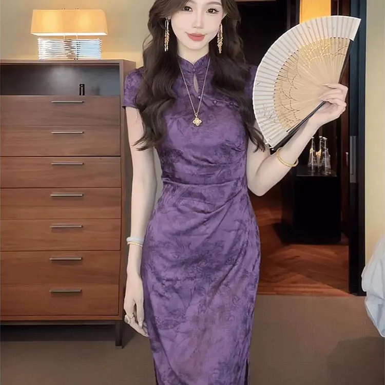 新中式紫色改良旗袍连衣裙女夏季2025年新款复古收腰蝴蝶印花长裙
