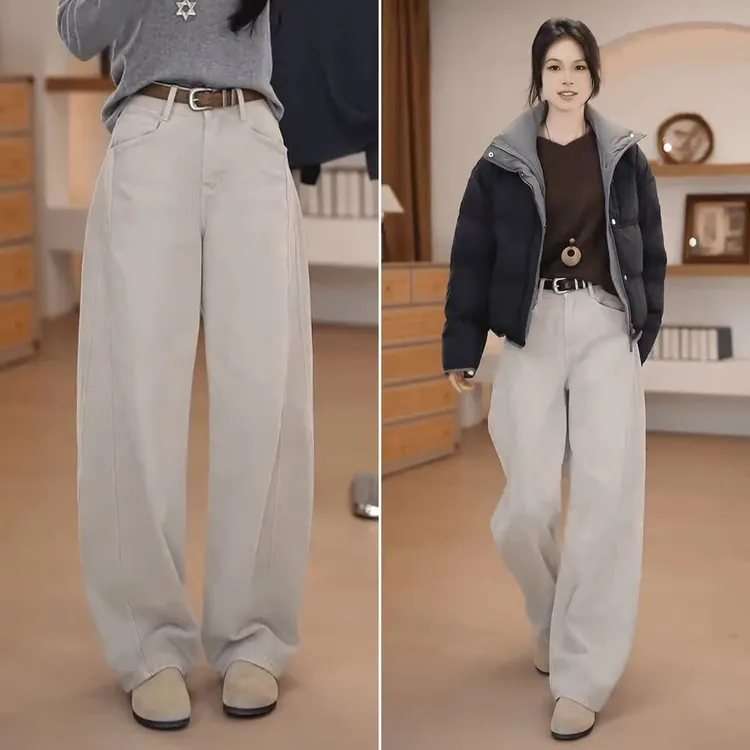 休闲牛仔阔腿裤女2025新款香蕉裤大码胖mm巨好看秋冬季加绒弯刀裤