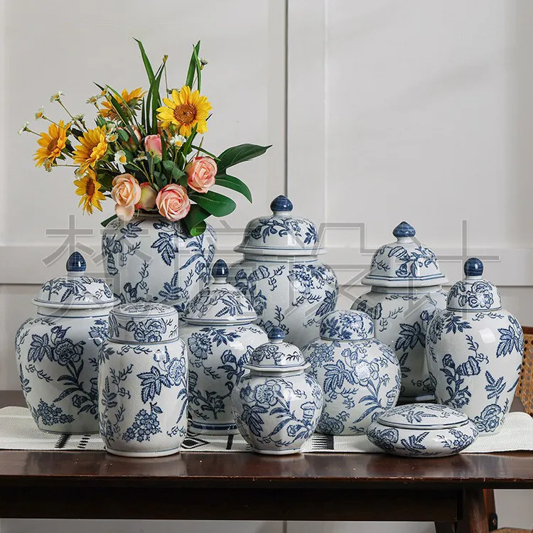 雨彤将军罐陶瓷器摆件客厅家居饰品仿古中式装饰景德镇青花瓷花瓶