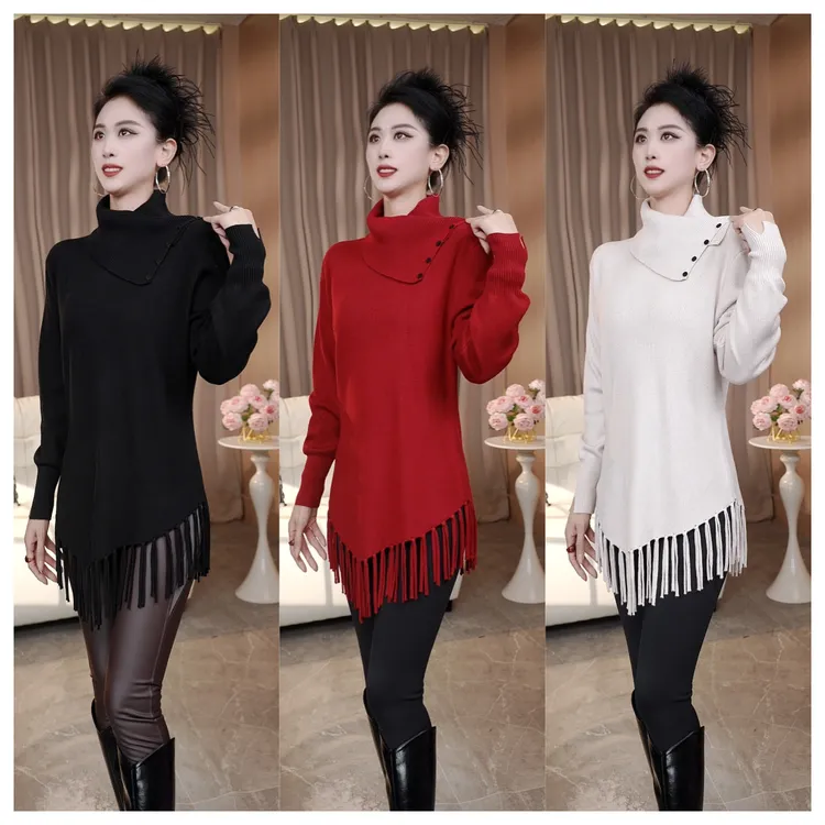冬季新款 时尚优雅气质女人味流苏设计长袖加厚款中长款针织毛衣