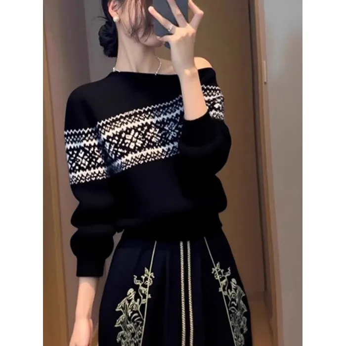 高级感费尔岛黑色斜领长袖针织衫女巨好看秋冬款慵懒宽松套头毛衣