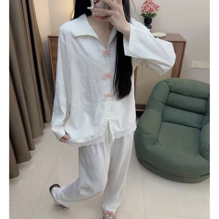 睡衣女春秋季云朵棉长袖长裤甜美蝴蝶结可外穿少女秋天家居服套装