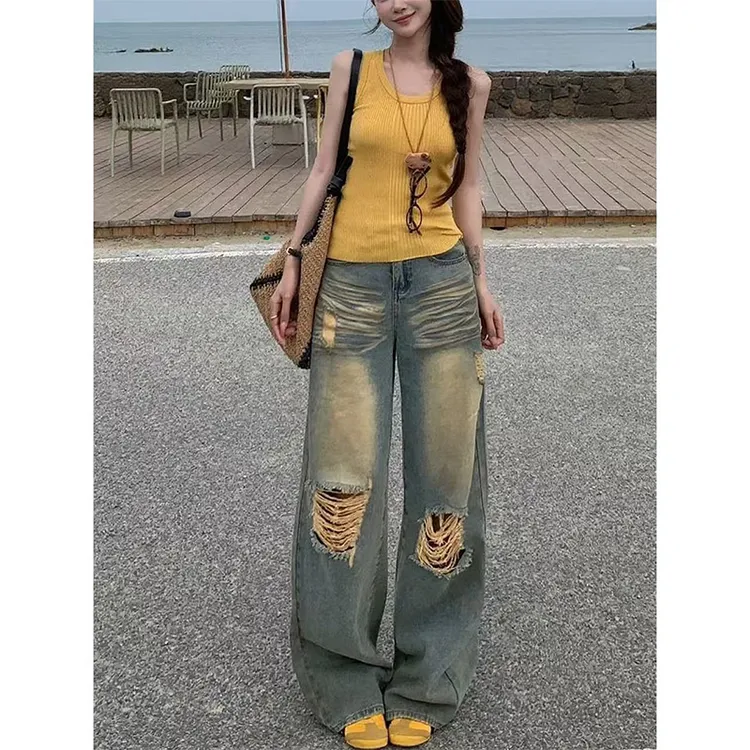 美式街头风破洞阔腿牛仔裤女2025冬季新款高腰宽松显瘦拖地脏脏裤