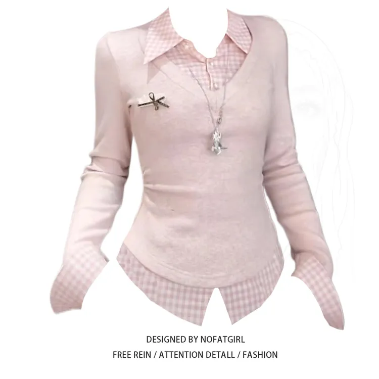 大码胖妹妹韩系学院风假两件拼接格纹长袖衬衫女秋季收腰显瘦上衣