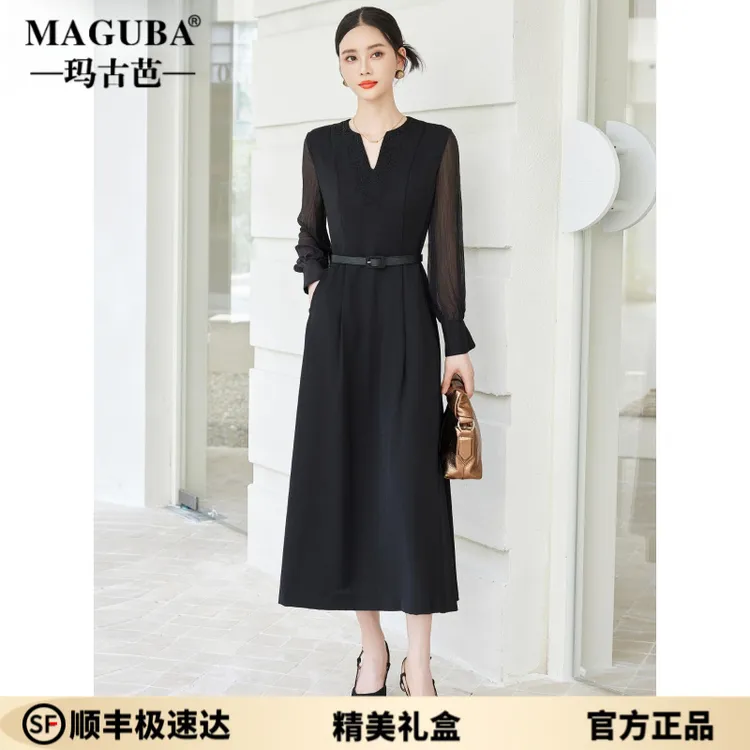 玛古芭黑色连衣裙女2025新款轻奢高级感重工刺绣钉珠气质高端裙子
