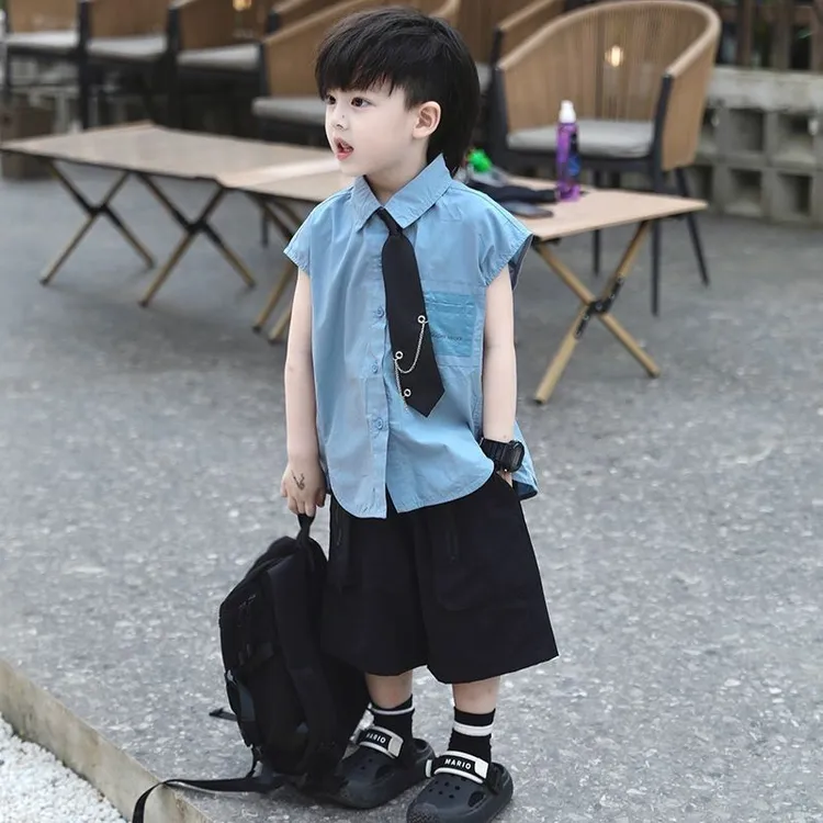 儿童衬衫薄款男童衬衣夏季新款短袖短裤痞帅男小童装夏装套装FY