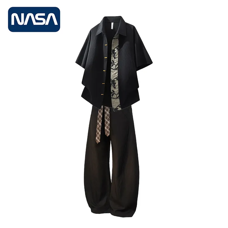 NASA男士夏季宽松短袖衬衫套装设计感休闲百搭潮流上衣潮牌夏天