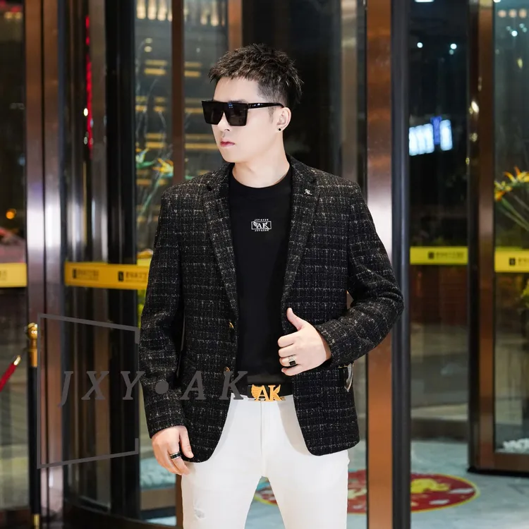 AK/2025秋季新款男士修身时尚英伦商务羊毛格子条纹休闲西服外套