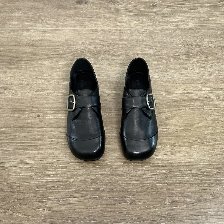 Dannyfrey小众复古拼接勃肯鞋女圆头休闲皮带扣一脚蹬丑萌乐福鞋