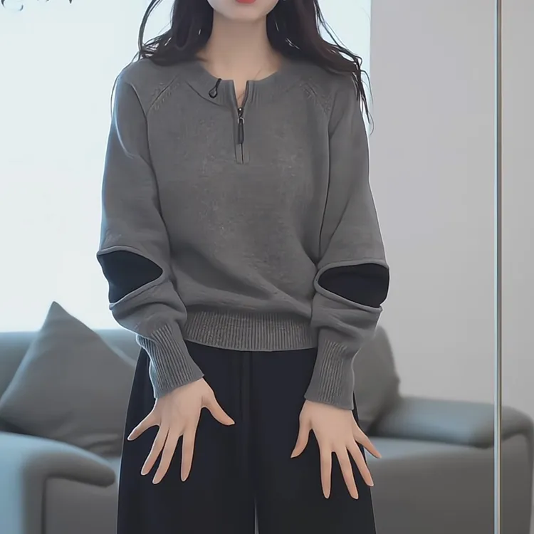 撞色半拉链圆领长袖针织衫女2025秋冬新款时尚百搭休闲显瘦上衣女