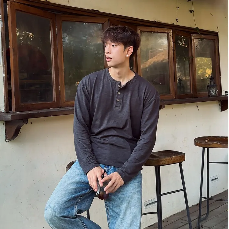 BST 美式复古型男硬汉健身休闲肌理纹显型长袖竹节棉亨利衫