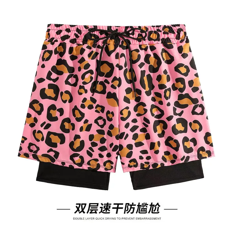 豹纹泳裤男士2025新款游泳裤专业双层速干防尴尬泳衣沙滩裤游泳