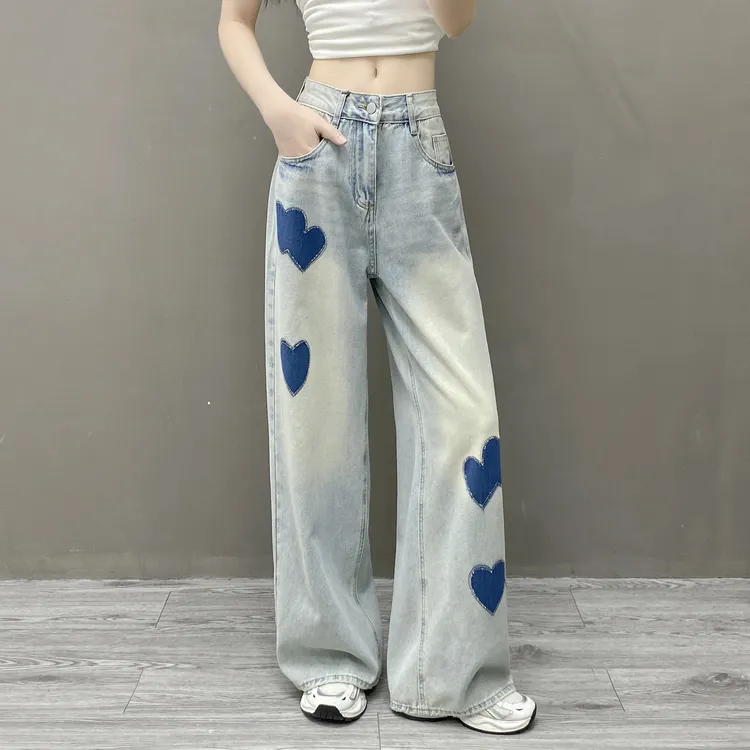 2025春季新款美式复古爱心烫钻拖地牛仔裤女高街休闲宽松阔腿长裤