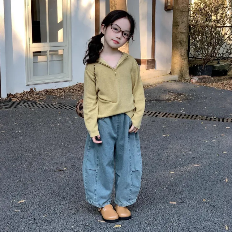 女童套装2025秋季新款儿童针织帽衫中小童毛衣套头衫弯刀牛仔裤潮