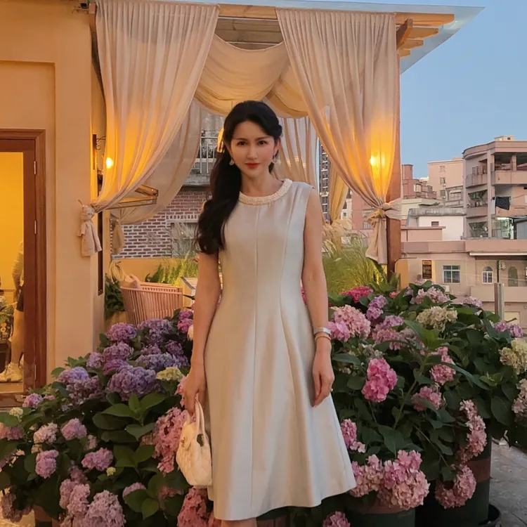 【风铃轻语】2555 安妮老板 法式重工钉珠收腰名媛有口袋连衣裙