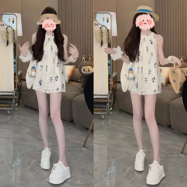 甜美可爱风格衣服2025夏季度假风小清新挂脖上衣显瘦短裤休闲套装