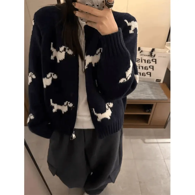 韩系小狗图案双拉链针织开衫外套女秋巨好看复古毛衣上衣潮牌女装