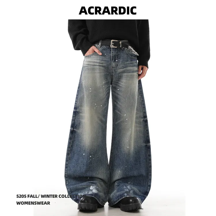 ACRARDIC高街美式泼墨蓝色弯刀牛仔裤男复古痞帅宽松阔腿水洗裤子
