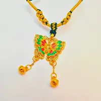 45#足金999 黄金珐琅彩国风蝴蝶流苏吊坠 手工编绳 