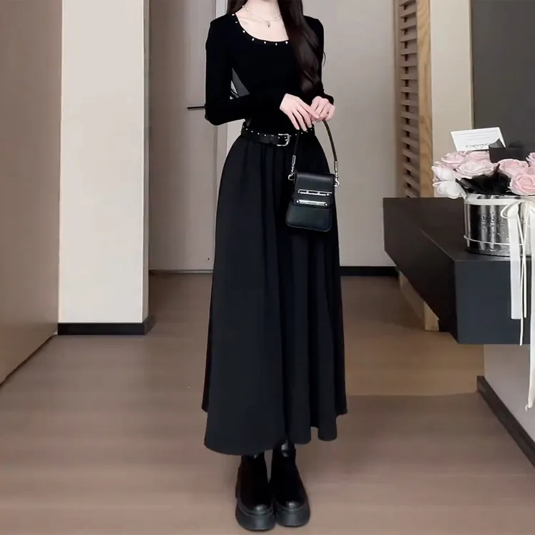 法式赫本风黑色长袖针织连衣裙子女2025秋季新款收腰显瘦气质长裙