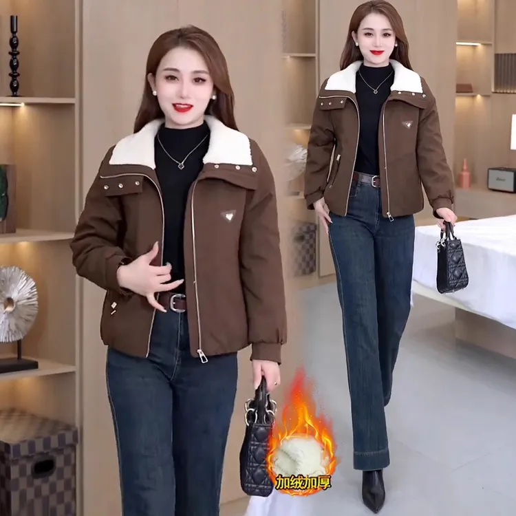 时尚加绒加厚短外套女2025冬季新款洋气宽松显瘦保暖翻领派克棉袄