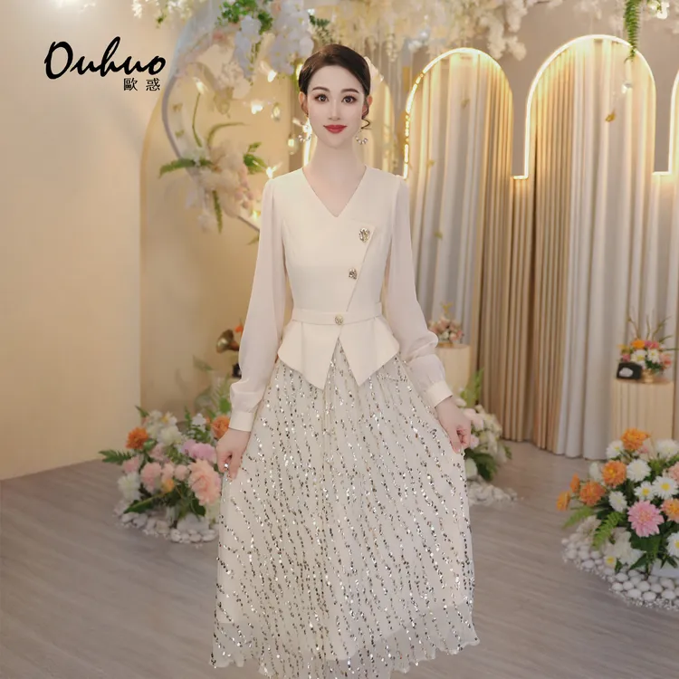 【米米定制】V领亮片拼接连衣裙2025新款收腰显瘦名媛OHDRI07131