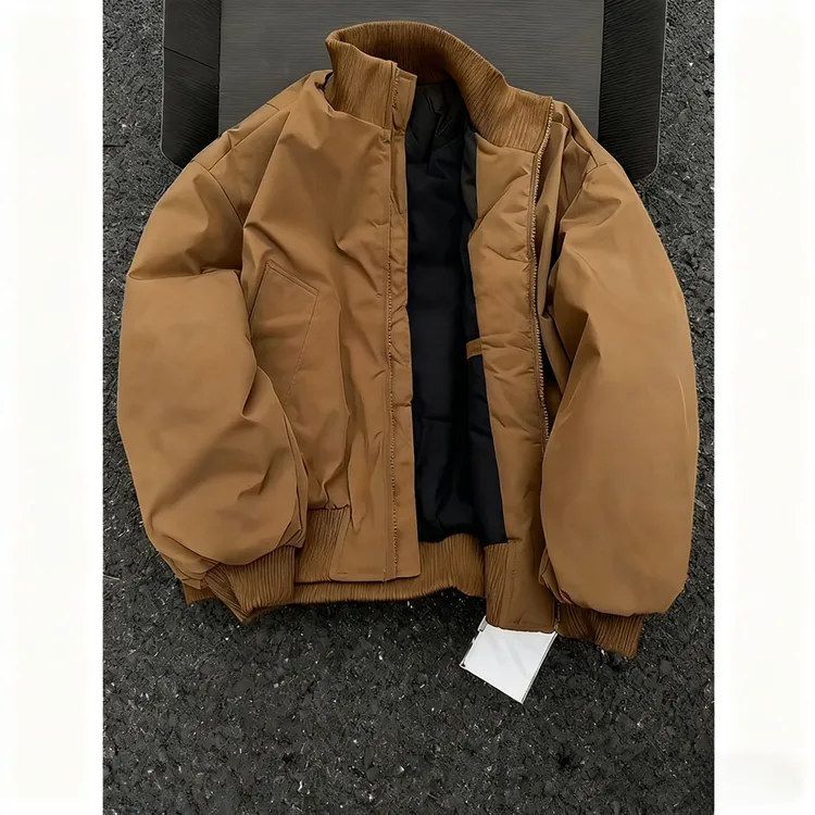 棕色美式立领飞行员夹克棉服男冬季穿搭美拉德短款外套加厚棒球服