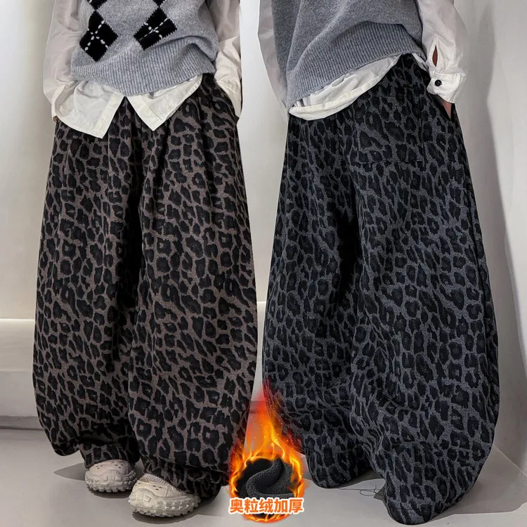 男童加绒裤子秋冬款2025新款儿童冬季加厚豹纹休闲运动裤大童冬装