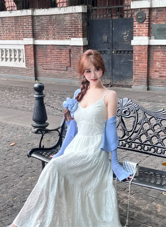 【流光溢彩】全棉花纹V领大裙摆拼接吊带连衣裙➕木耳边冰丝披肩8596