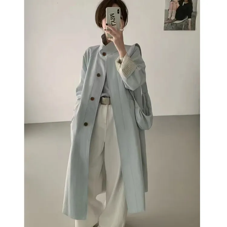 立领单排扣条纹翻袖中长款风衣外套女气质时尚休闲百搭宽松网红