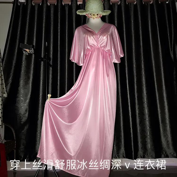 丝滑性感深V领露背连衣裙轻奢收腰显瘦时尚法式舒服长款宽松薄款