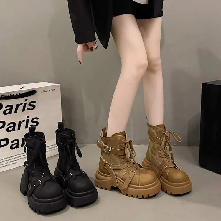 OJRZ马丁靴女牛仔布皮带扣短靴女2025秋季新款厚底机车靴大黄靴女