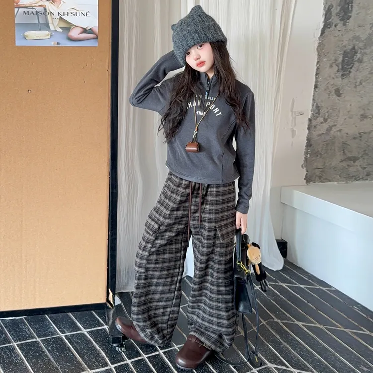 女童秋冬季长袖加绒打底衫套装2025新款儿童休闲格子阔腿裤两件套