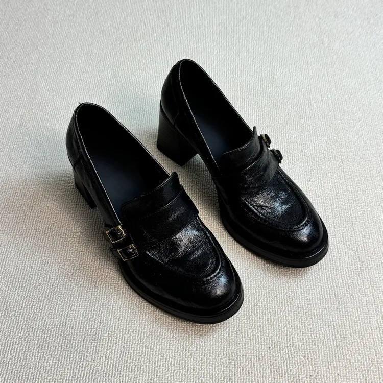 六也「增高扣带」粗高跟厚底一脚蹬深口静音通勤百搭乐福鞋 L1142