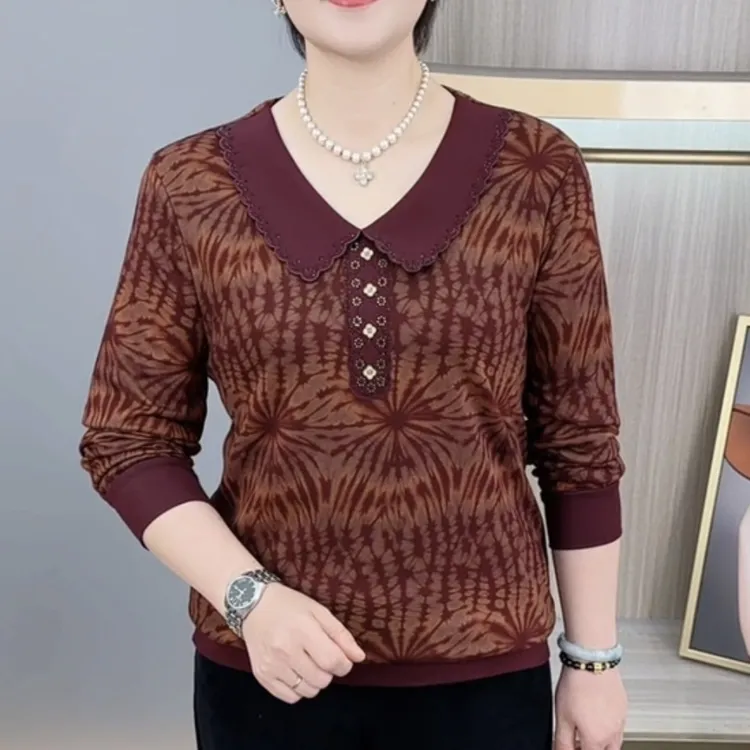 秋季新款时尚娃娃领烫钻洋气妈妈装显瘦百搭减龄长袖上衣H9850