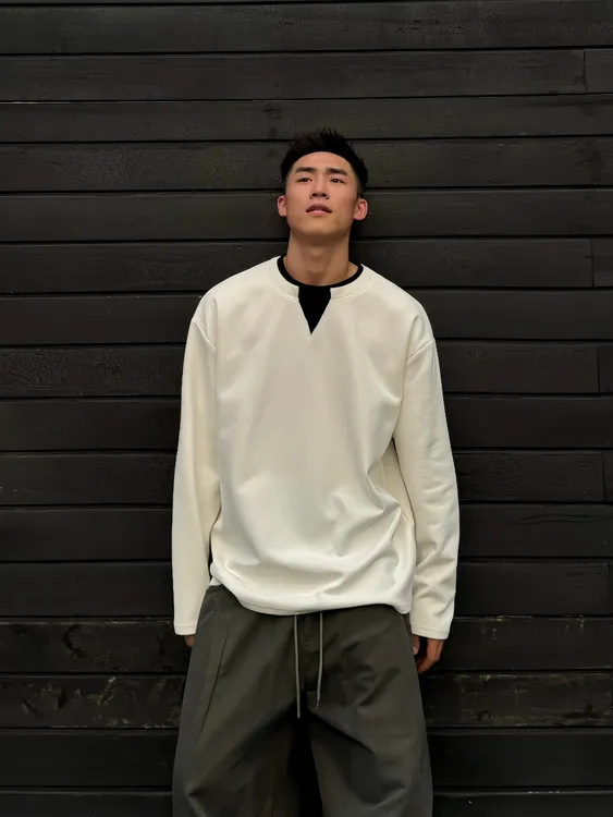 SFANG 秋冬季美式小毛圈V型棉混纺肌理感假两件长袖T恤休闲卫衣男