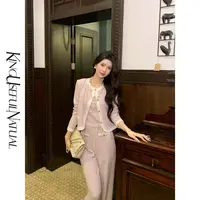 KUN【法甜茶歇】千金三件套 定染紫色云糯棉拼接白色针织洋气套装