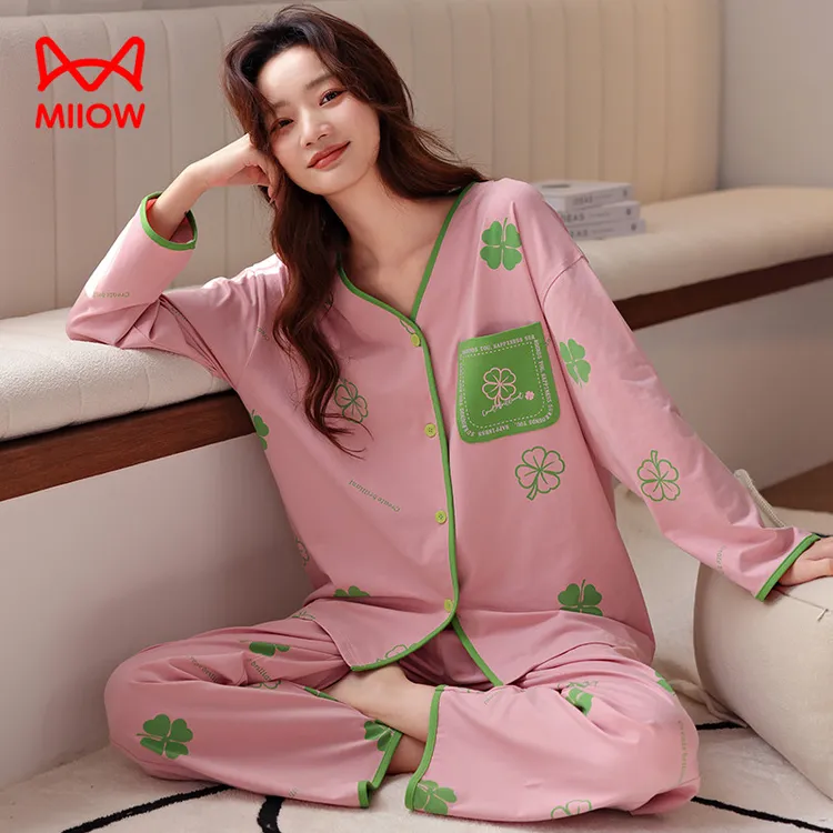 猫人经典睡衣女士春秋新款纯棉长袖开衫V领花纹时尚可外穿家居服