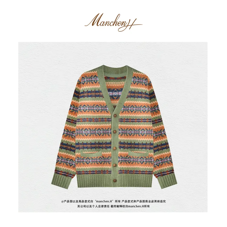 曼辰manchenh"意境色彩"原版纱10色浮线提花费尔岛针织外套