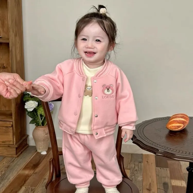 女童加绒套装冬季韩版婴幼儿女洋气卡通加厚外套裤子休闲两件套潮