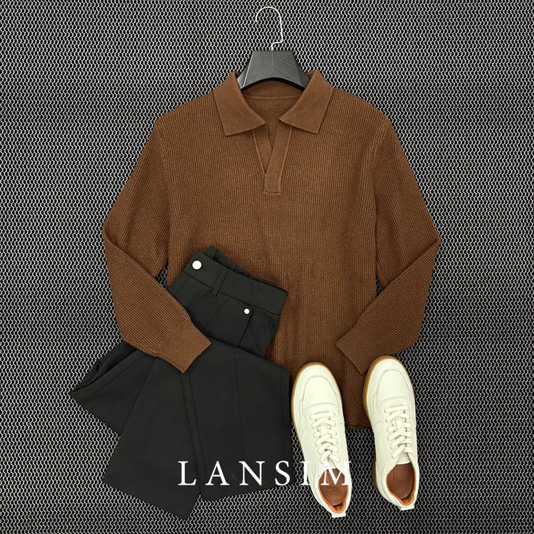  LANSIM·秋冬季羊毛混纺海鸥领针织毛衣休闲纯色保暖翻领羊毛衫